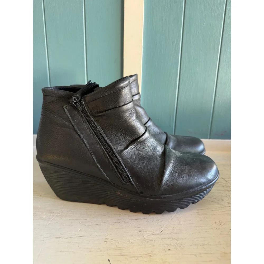 Skechers Parallel Double Trouble Black Leather Wedge Ankle Boots 48786 Womens 10